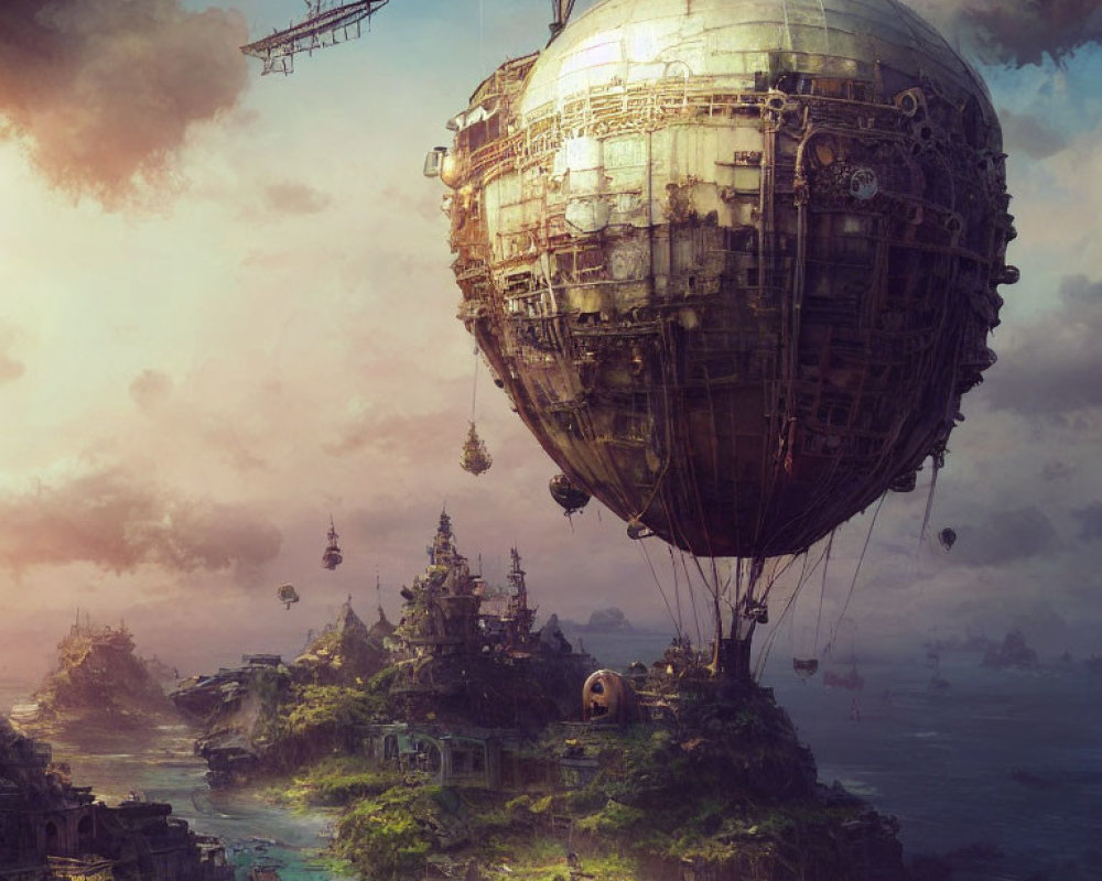 Steampunk landscape with spherical airship above lush ruins