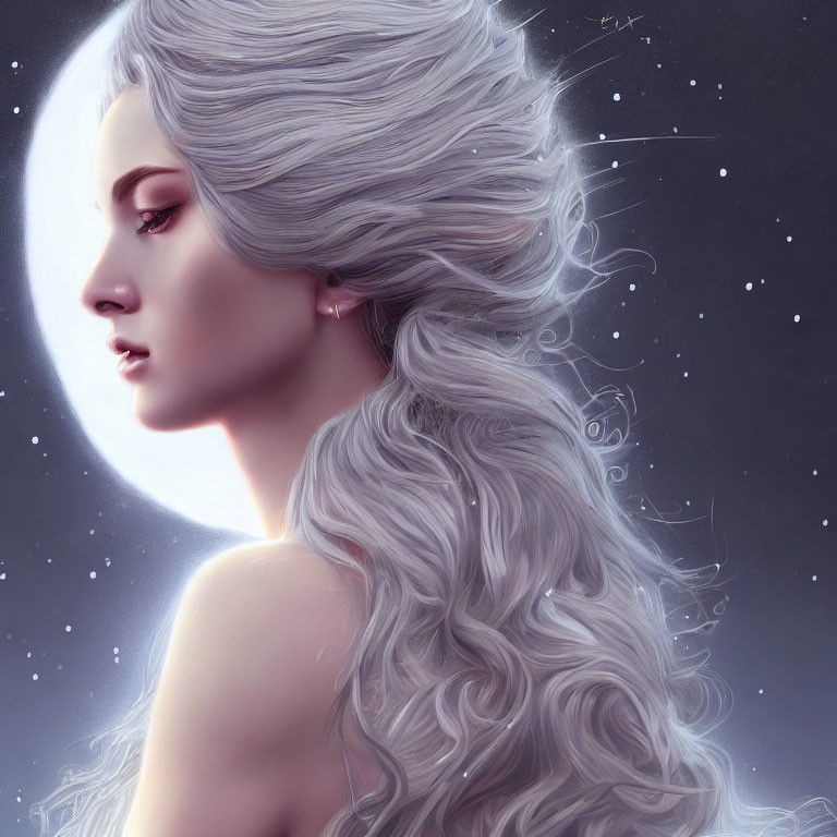 Illustrated portrait of woman with silver hair against starry night sky