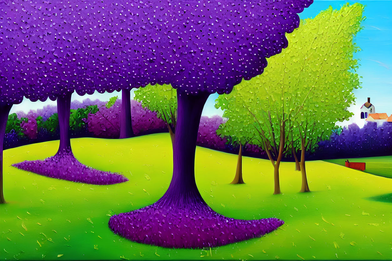 Colorful Trees & Green Lawn in Whimsical Landscape