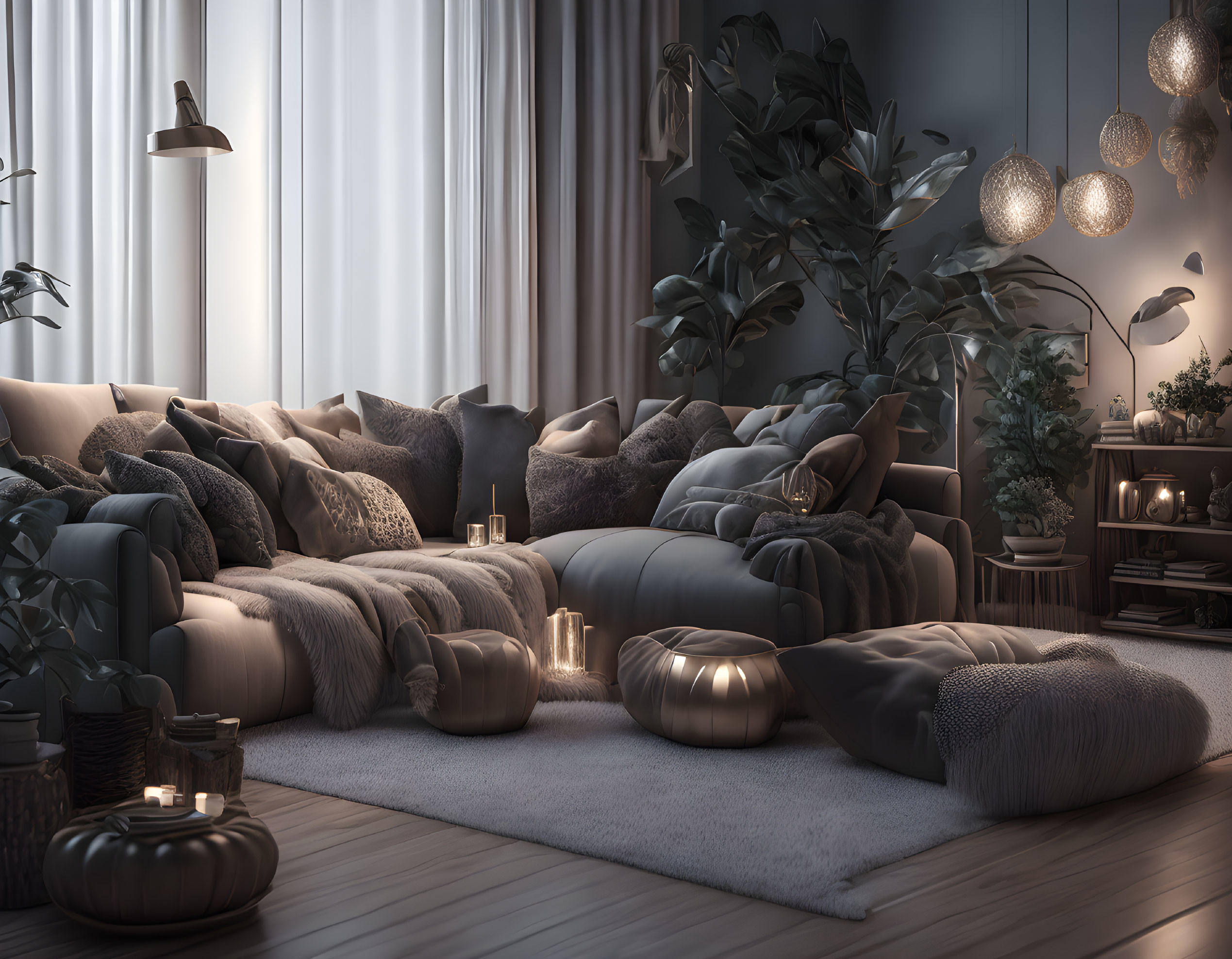 Modern Living Room Twilight Scene with Plush Sofa & Elegant Decor