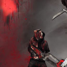 Person in skull mask with chainsaw in horror-themed costume in dark forest.