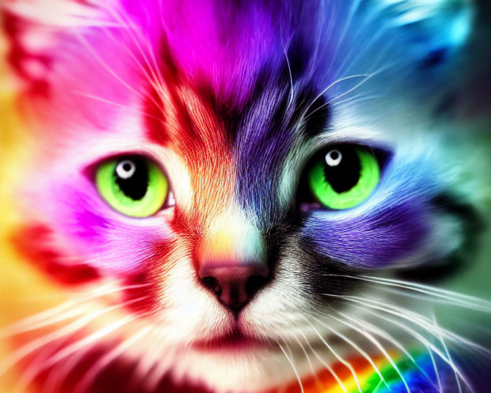 Colorful Cat with Rainbow Fur and Green Eyes