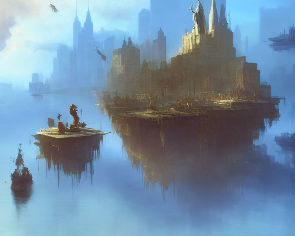 Foggy cityscape with floating islands, boats, and birds in serene blue sky