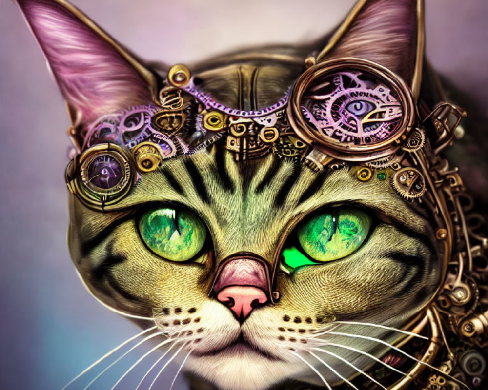 Steampunk-style digital artwork of a cat with mechanical enhancements