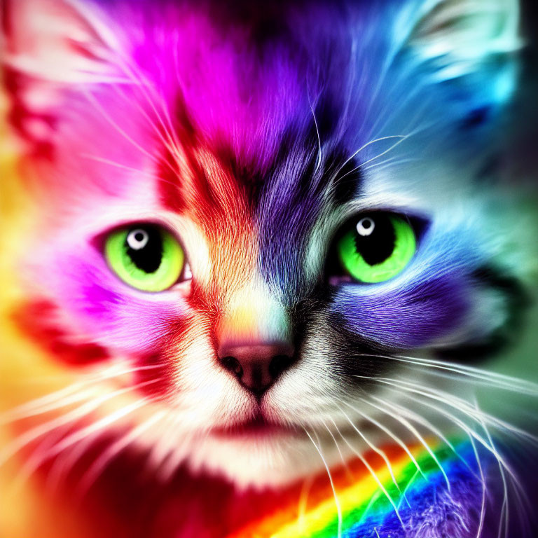 Colorful Cat with Rainbow Fur and Green Eyes