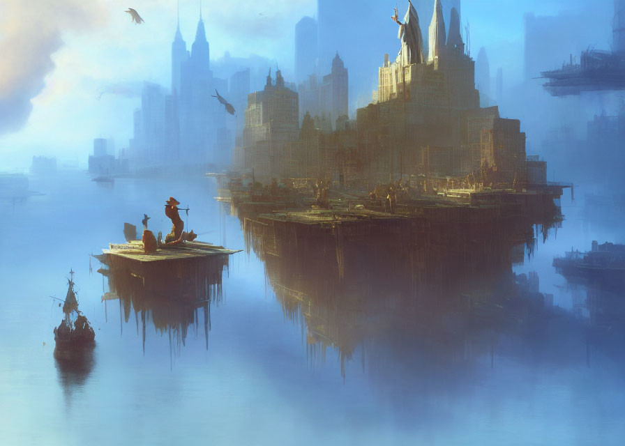 Foggy cityscape with floating islands, boats, and birds in serene blue sky