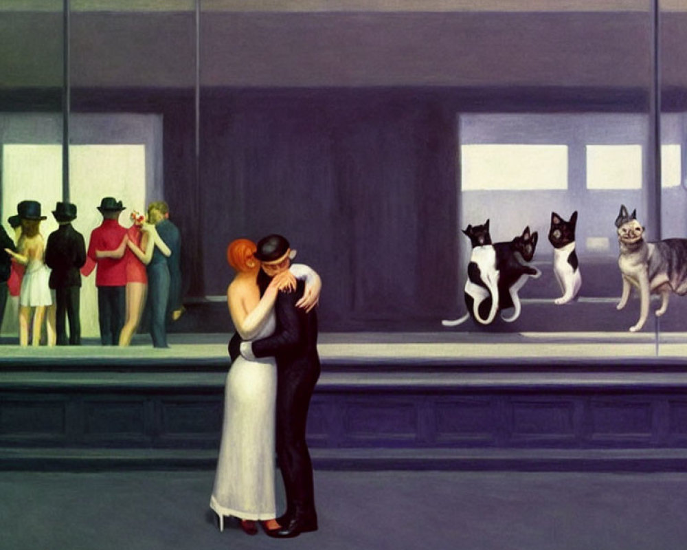 Couple dancing in room with large windows, observed by onlookers and cats