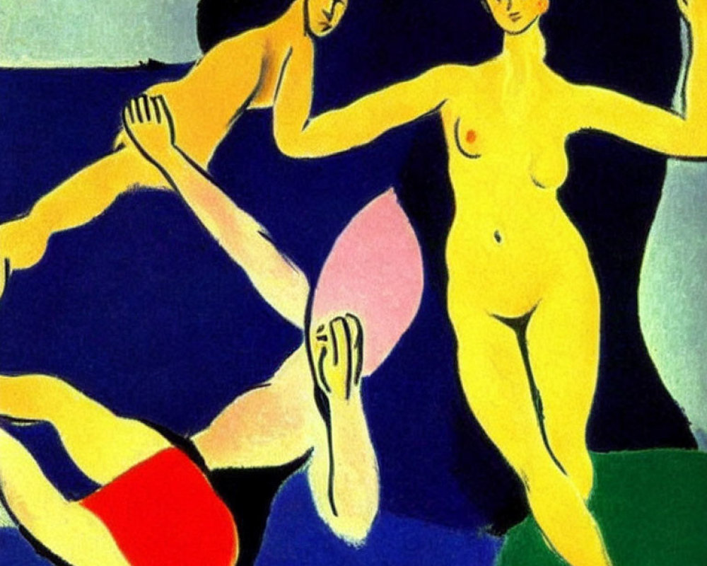 Vibrant abstract painting of two nude figures against blue and green backdrop