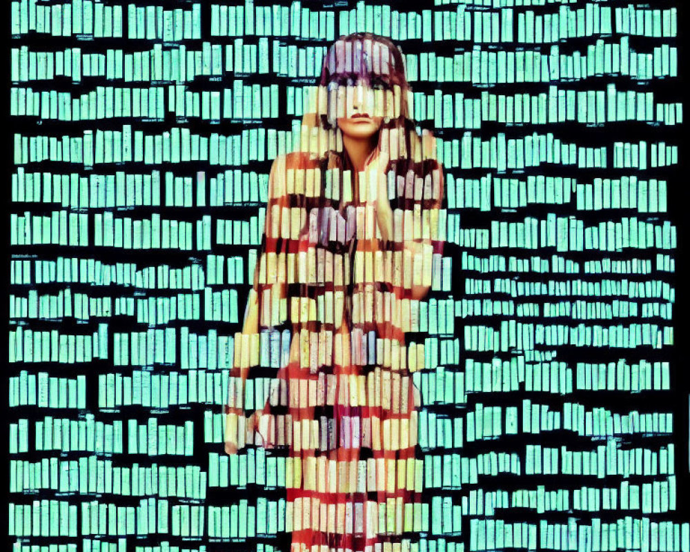 Colorful Digital Glitch Effect Overlaid on Person in Noise Pattern Background