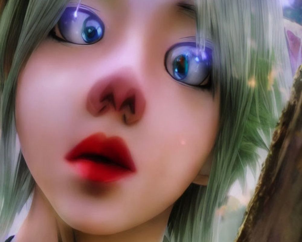 Anime-style digital portrait: Short green hair, big blue eyes, thoughtful expression