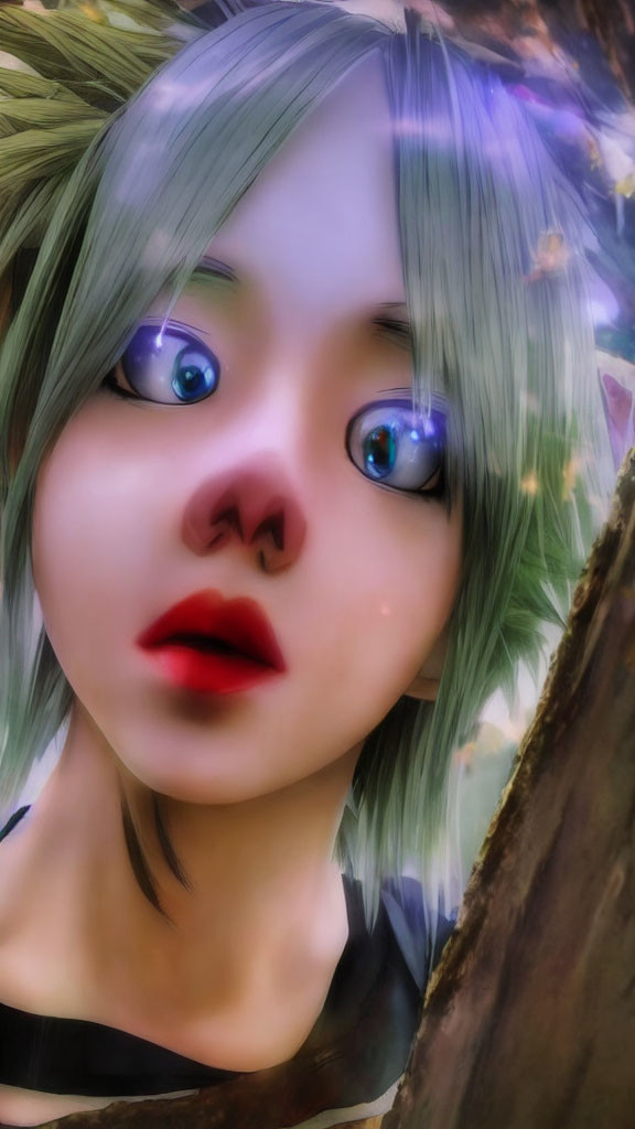 Anime-style digital portrait: Short green hair, big blue eyes, thoughtful expression