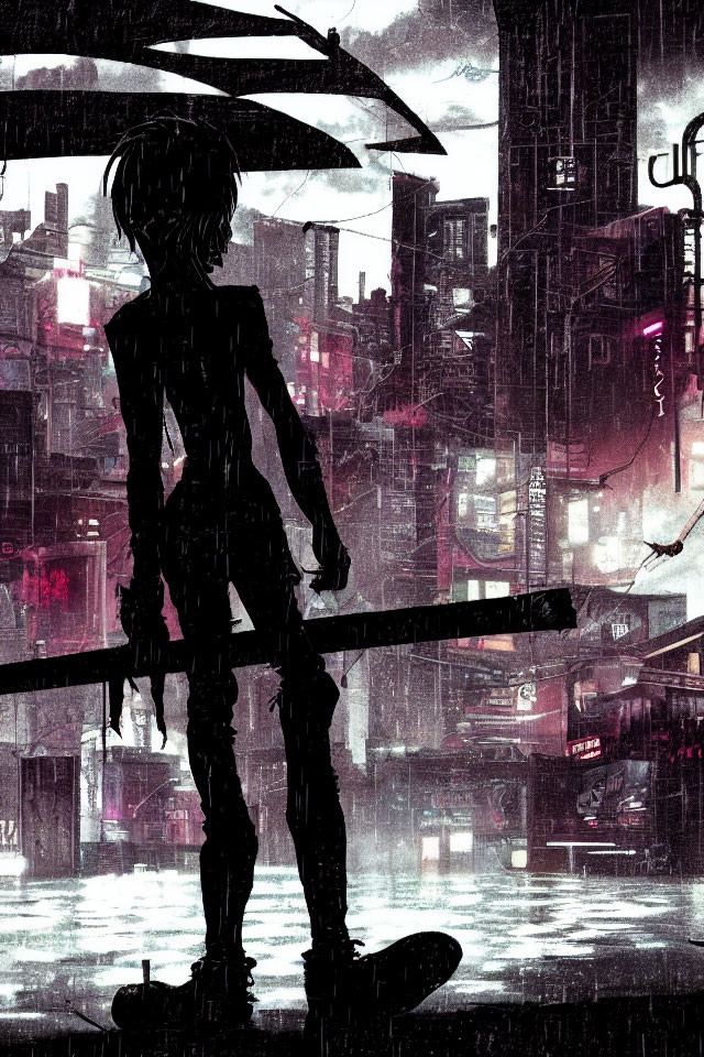 Silhouetted figure with umbrella in rainy, neon-lit cityscape at night