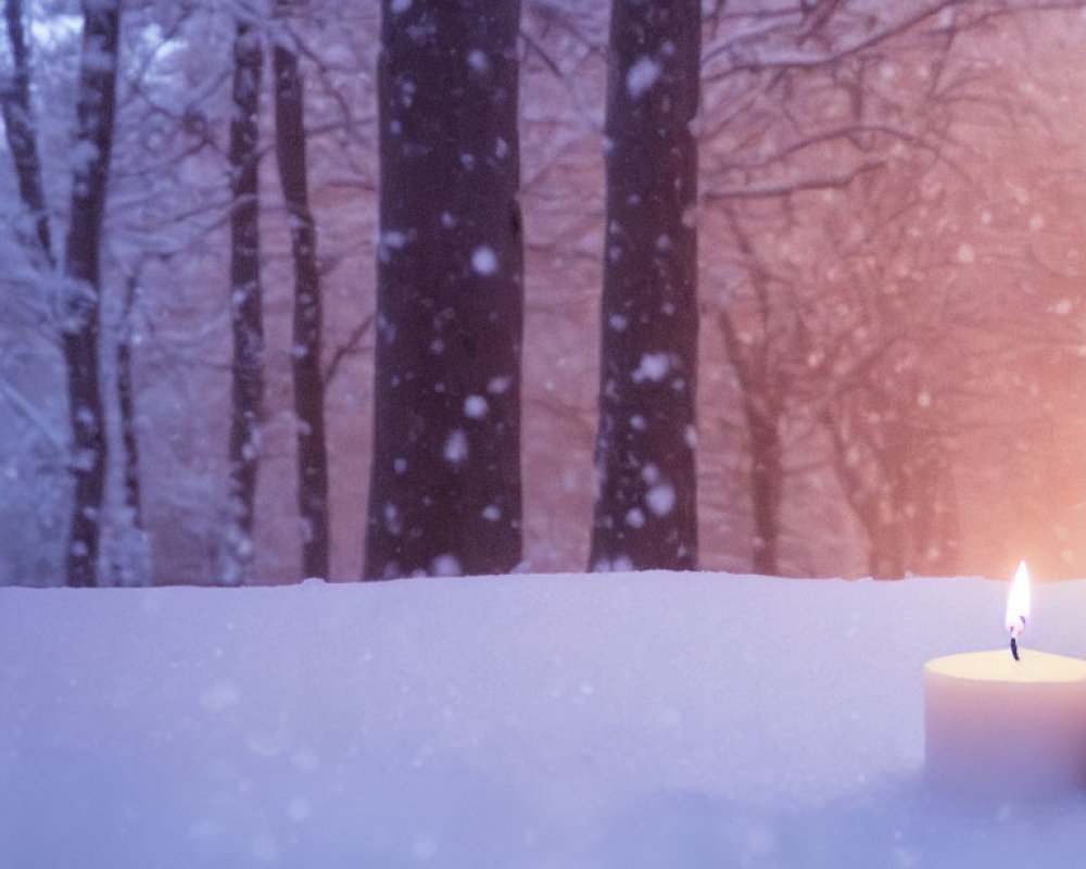 Snowy Twilight Scene: Bright Candle Against Glowing Trees