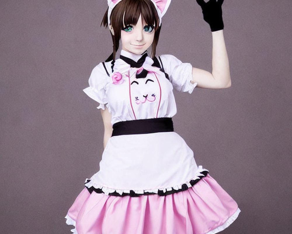 Character in maid costume with cat ears and paw gesture, pink skirt and apron.