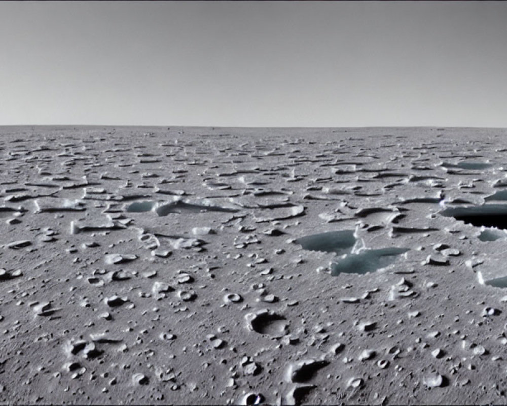 Barren rocky landscape with scattered ice and hazy sky