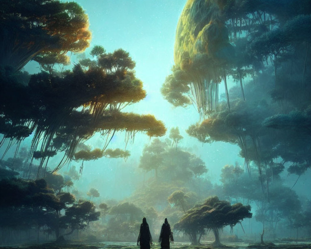 Mystical forest scene with two figures and floating island