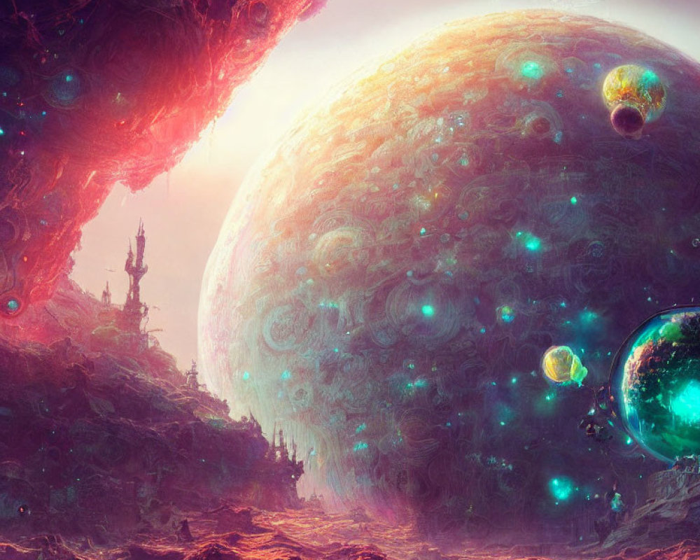 Vibrant cosmic landscape with large planet and alien structures