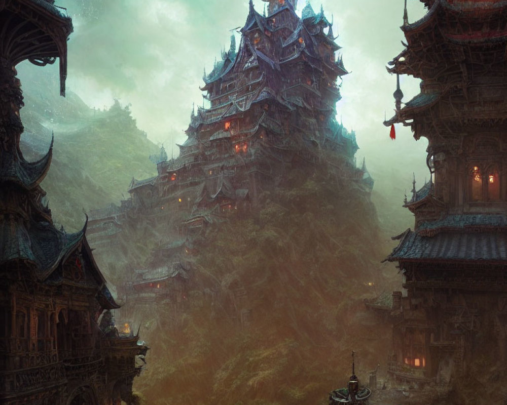 Ancient Asian-style Pagoda Towers in Misty Mountain Terrain