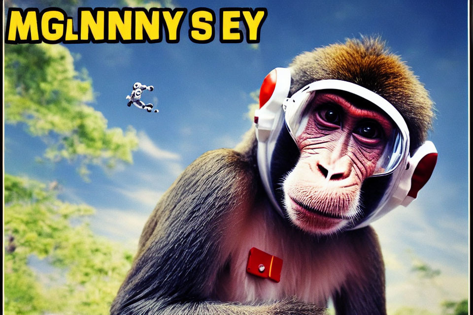 Puzzled monkey with headset and red button on abstract sky background