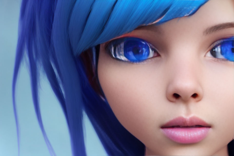 Female with Striking Blue Hair and Eyes on Soft Blue Background