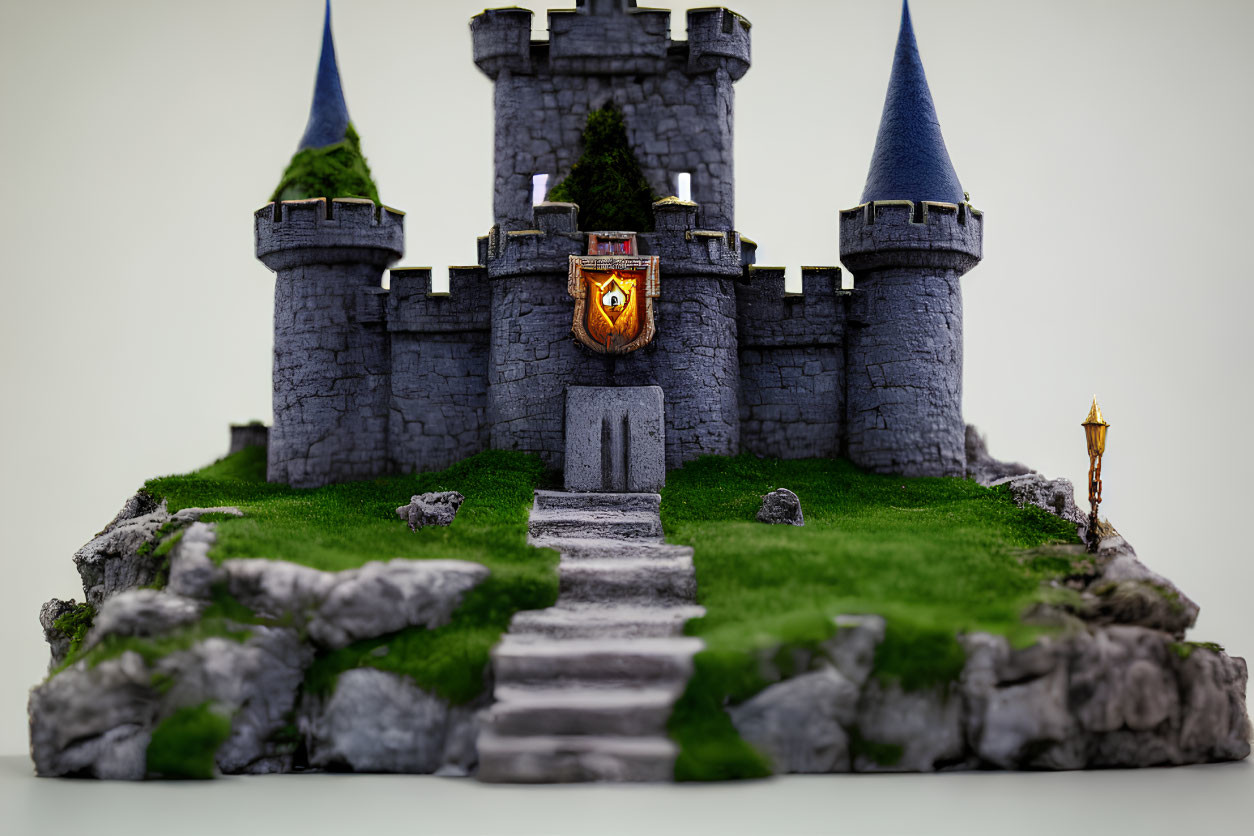 Miniature castle with blue spires, stone steps, shield emblem, and torch on grassy mound