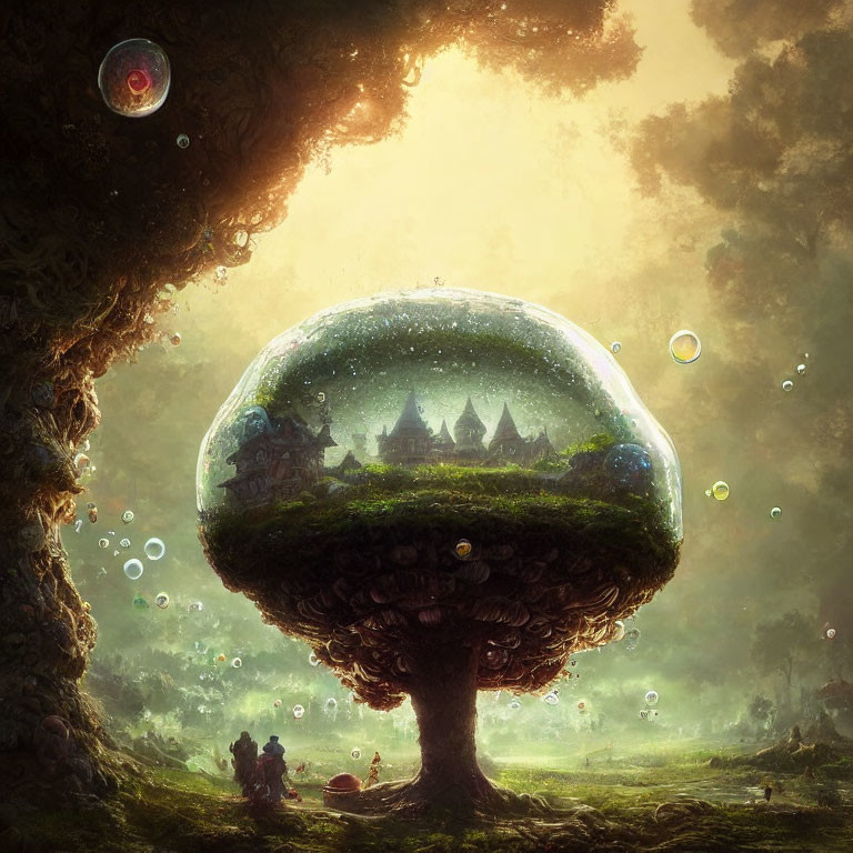 Fantastical landscape with large tree supporting dome-shaped village in bubble surrounded by lush greenery