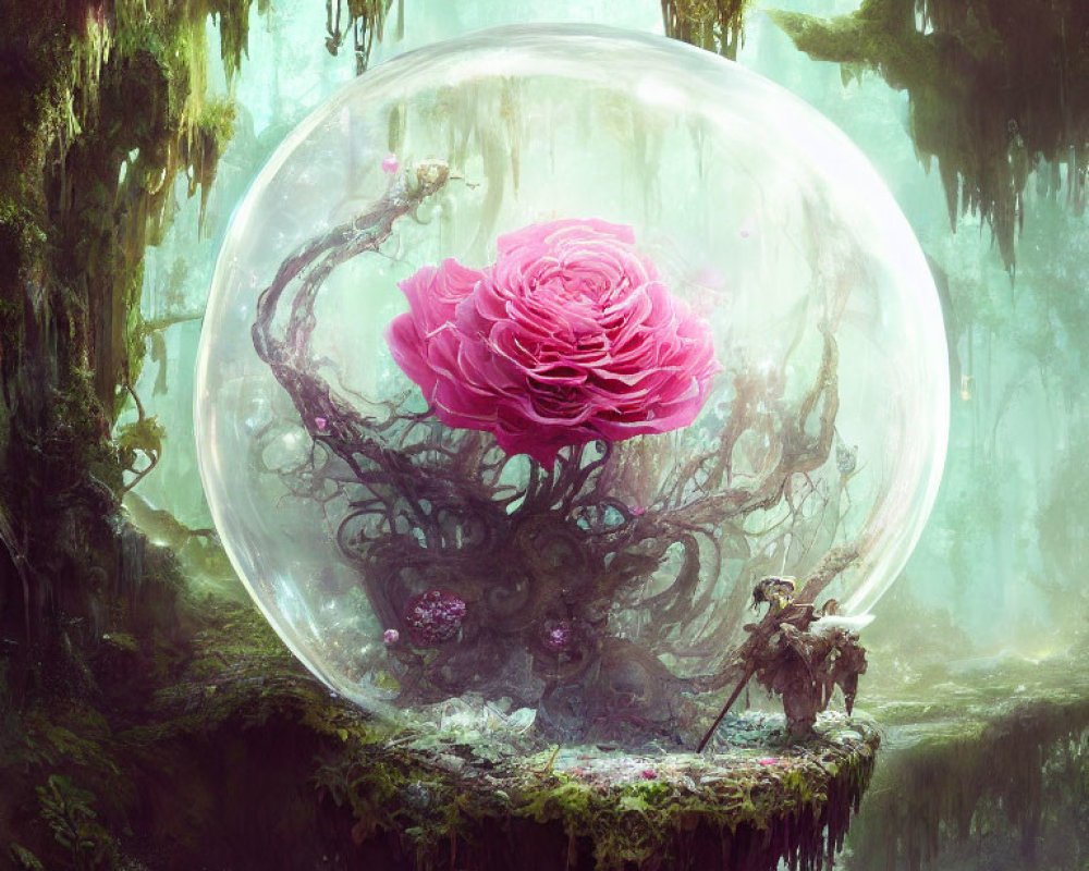 Fantastical image of giant pink rose in transparent bubble in mystical forest