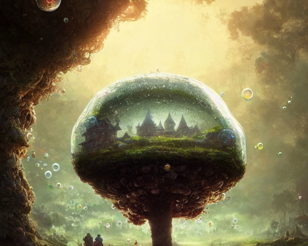 Fantastical landscape with large tree supporting dome-shaped village in bubble surrounded by lush greenery