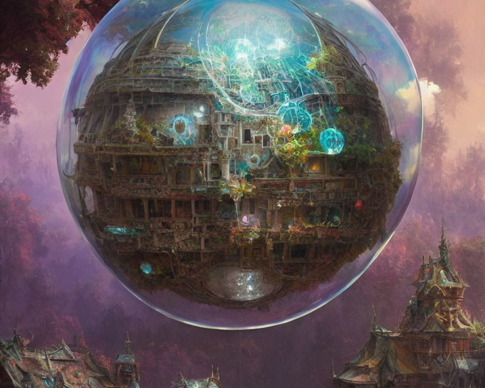 Futuristic spherical city above ancient forest with energy lines & glowing orbs