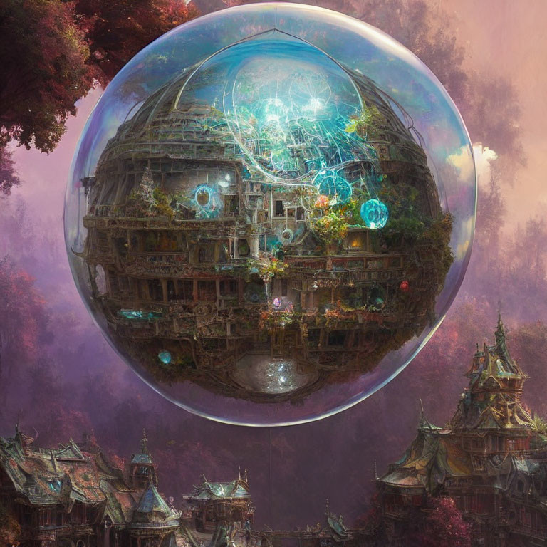 Futuristic spherical city above ancient forest with energy lines & glowing orbs