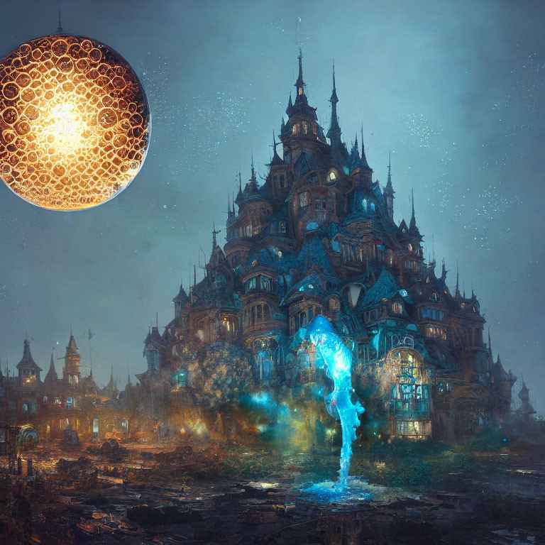Intricate castle with spires, starry sky, glowing moon, and ghostly figure