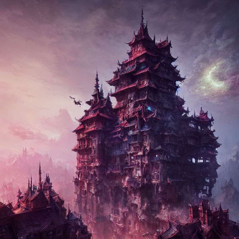 Majestic pagoda and dragon in mystical cityscape at dusk