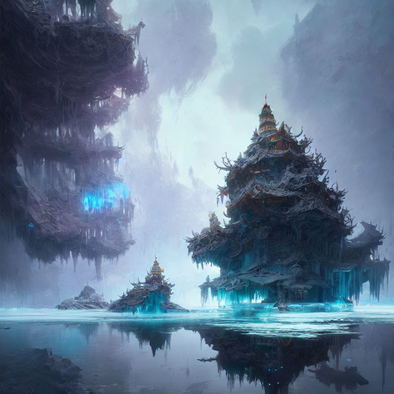 Asian-style Pagodas in Foggy Icy Landscape with Blue Lights