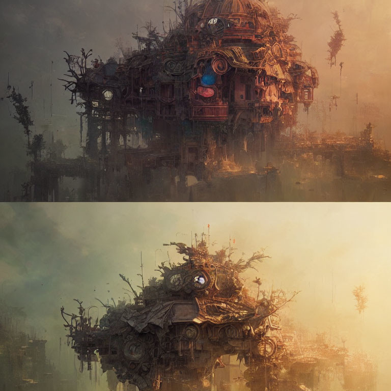 Intricately detailed post-apocalyptic structure in hazy backdrop