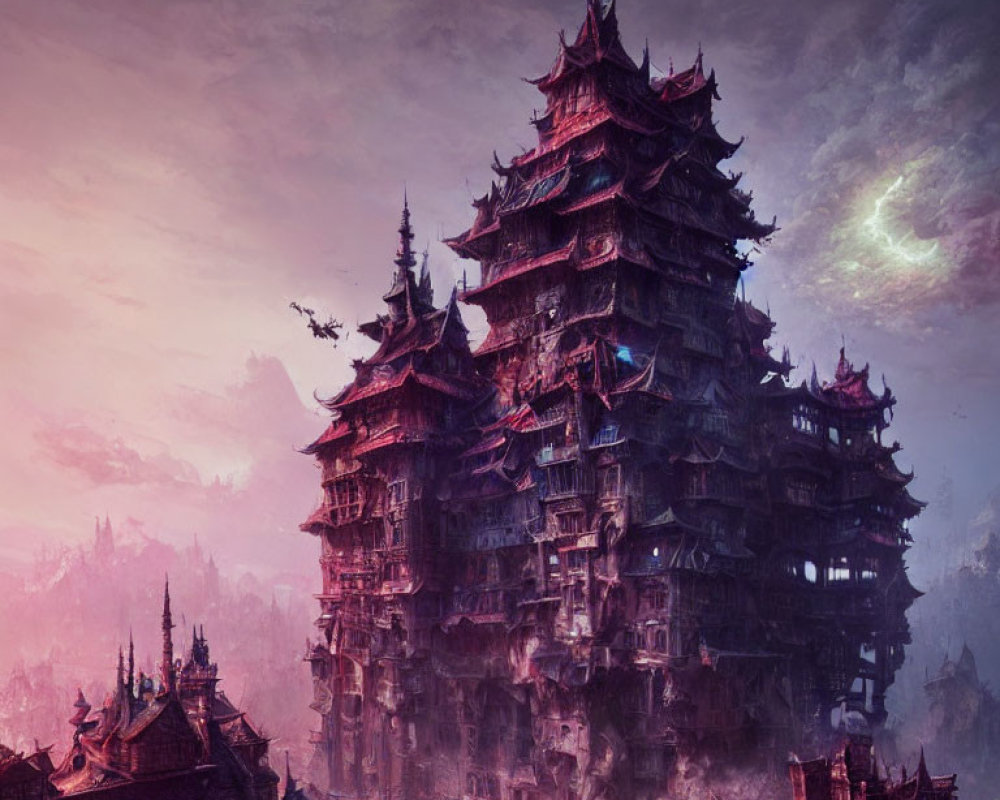 Majestic pagoda and dragon in mystical cityscape at dusk