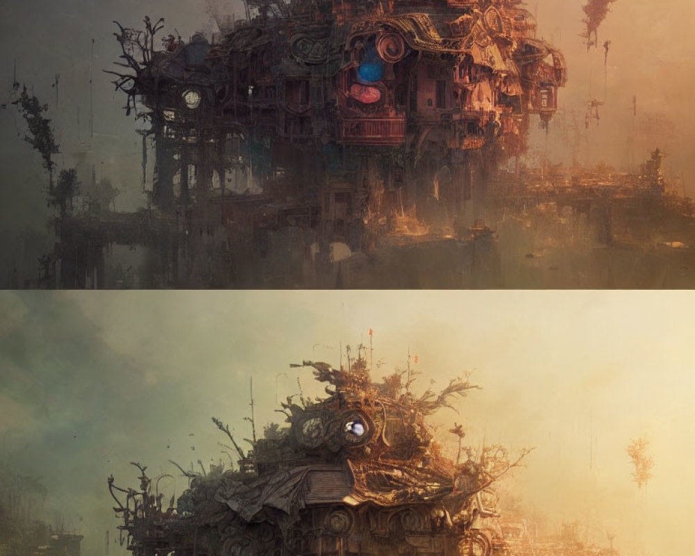 Intricately detailed post-apocalyptic structure in hazy backdrop