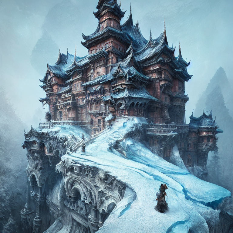 Figure nears ornate, multi-tiered temple on snowy cliff with icy path