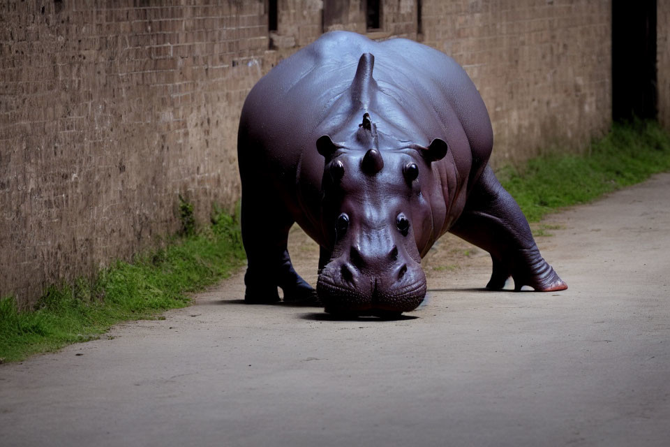 Hippopotamus walking on paved path with bird perched on back