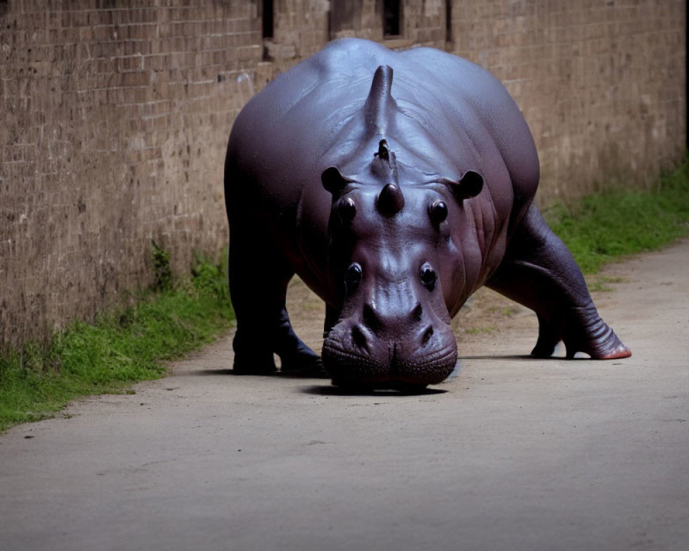 Hippopotamus walking on paved path with bird perched on back