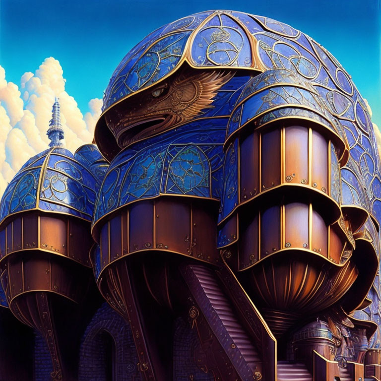 Intricate metallic helmets against blue sky and tower