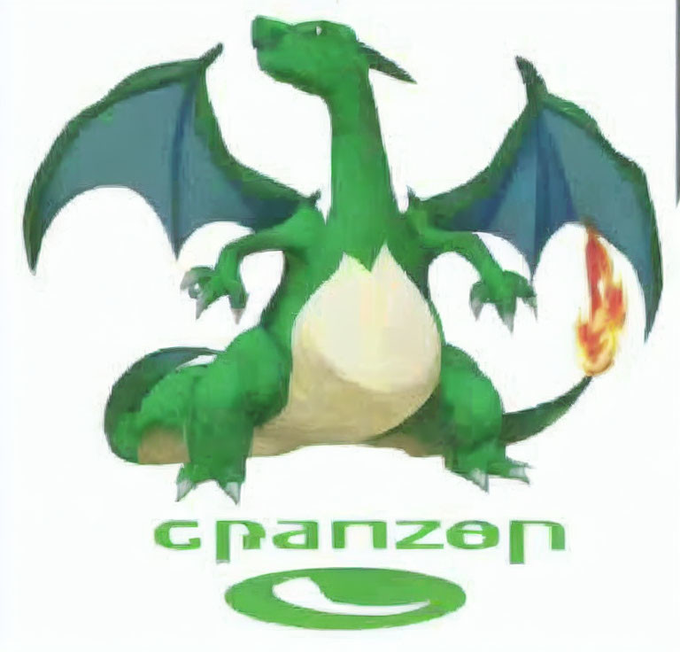 Stylized green dragon with large wings and flame tail, "Granzon" in green font