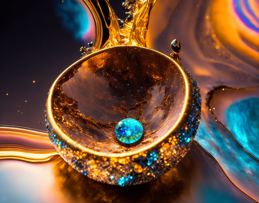 Vibrant abstract scene with liquid gold and luminous blue sphere on reflective surface