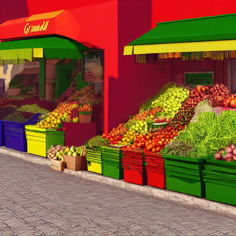 Vibrant fruit and vegetable market with colorful displays and red building