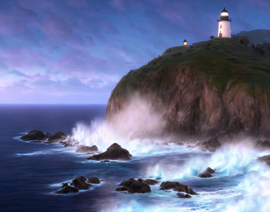 Seascape with lighthouse, crashing waves, and bioluminescent water