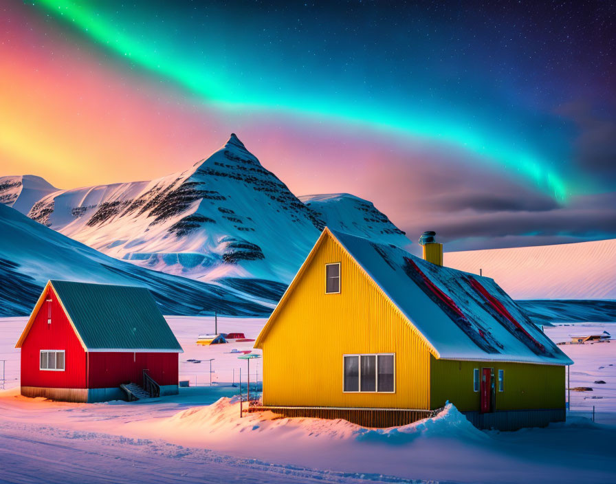 Vibrant Aurora Borealis Over Snowy Landscape with Red and Yellow House