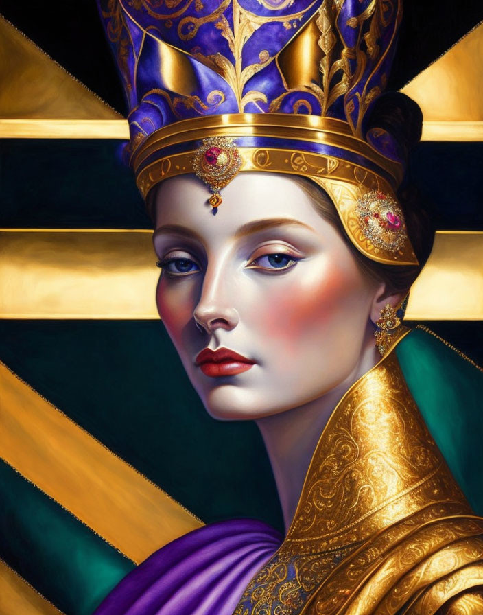 Regal woman portrait with golden crown and purple robe