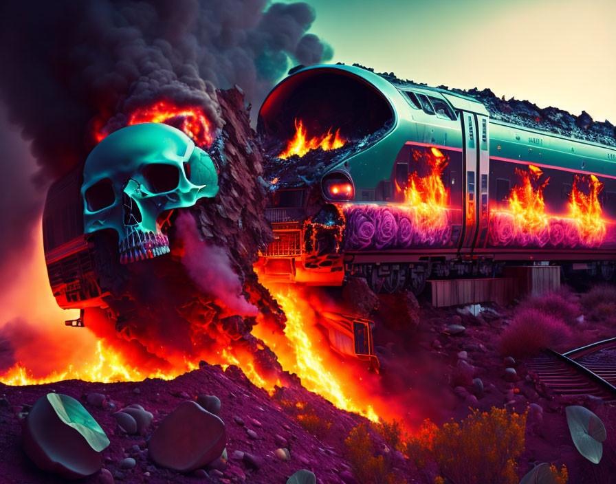 Surreal train emerging from flaming skull in volcanic landscape