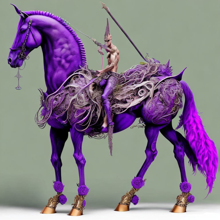 Purple Horse with Intricate Designs and Golden Accents Featuring Tiny Human Rider