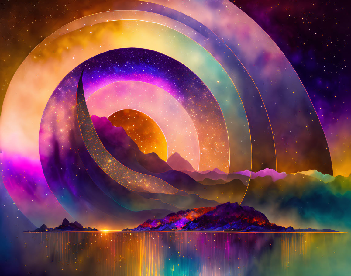 Colorful digital art: concentric circles in space over mountain landscape