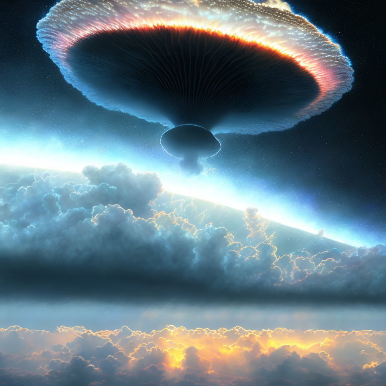 Futuristic spacecraft above Earth with glowing clouds